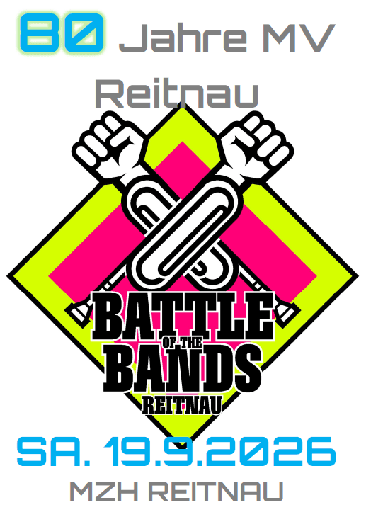 Save-the-Date-Plakat zum Battle of the Bands mit erhobenen Fäusten in Gelb und Pink